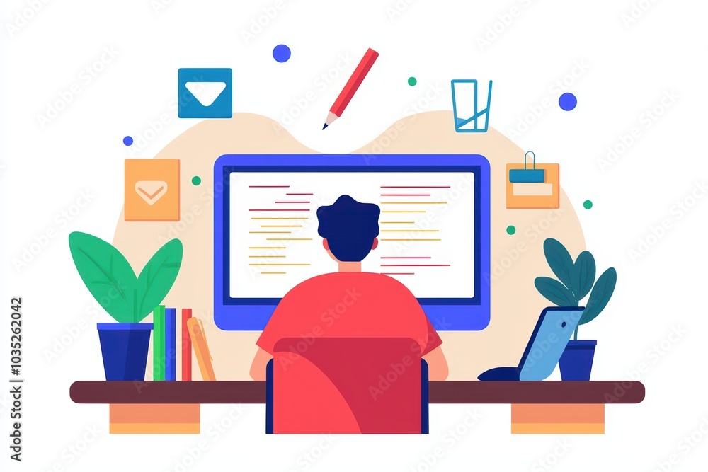 Aufkleber person coding at a computer in a colorful workspace with plants and creative elements.