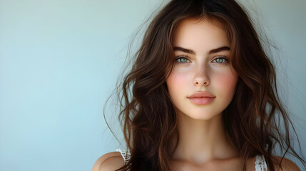 Fototapeta premium Beautiful Woman with Long Brown Hair and Green Eyes