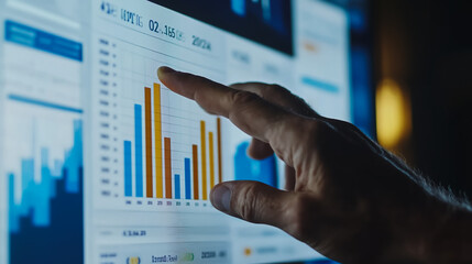 Business person evaluates metrics for charts and graphs with statistics to innovative analyze business potential and forecast future development of companies growth., setting goals for expansion.