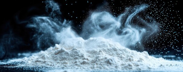 A closeup of radiant cosmetic powder scattering in the air, with magical sparkles and energy waves following