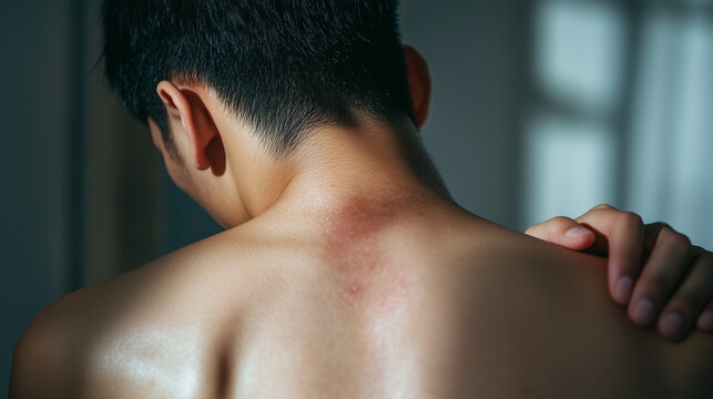 A close-up of a young Asian man's back, showing his hand scratching a red, irritated patch caused by eczema or insect bites. The skin looks inflamed and dry, with rough, flaky patc