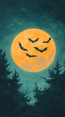 Fototapeta premium A haunting moonlit scene featuring a large yellow moon surrounded by bats flying over dark treetops.