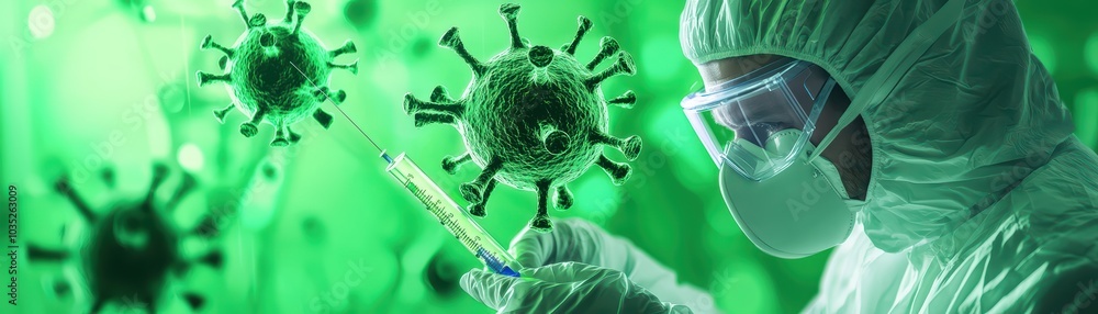 Poster scientist working with syringe and virus in laboratory with green illumination.