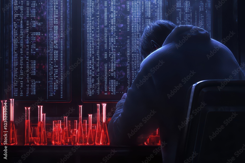 Poster scientist working with test tubes and digital screens, focused on experiments in a dimly lit lab.