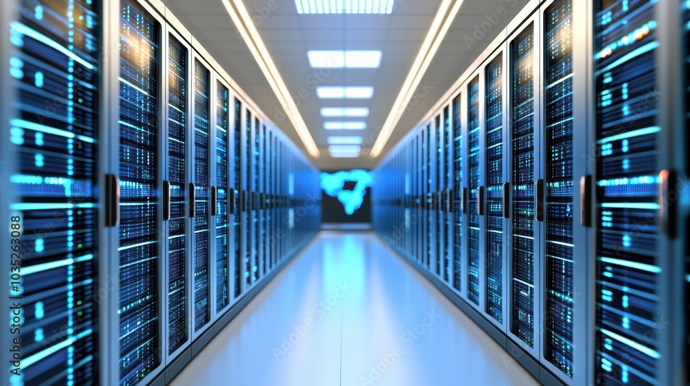 Poster server room with rows of racks, illuminated by blue lights, showcasing advanced data storage technol