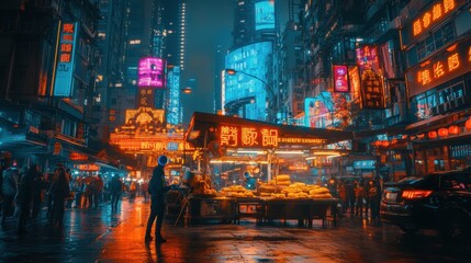 Obraz premium Neon lights illuminate a bustling night market.