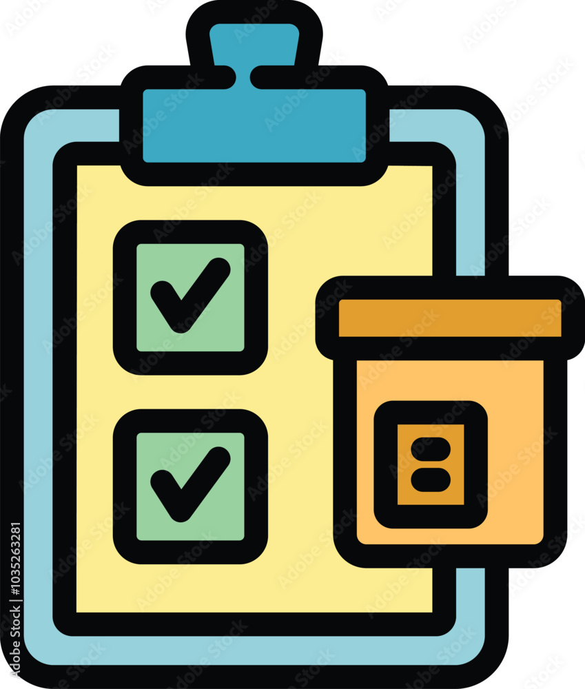 Poster clipboard showing checklist with two check marks and product box, concept of order processing and de