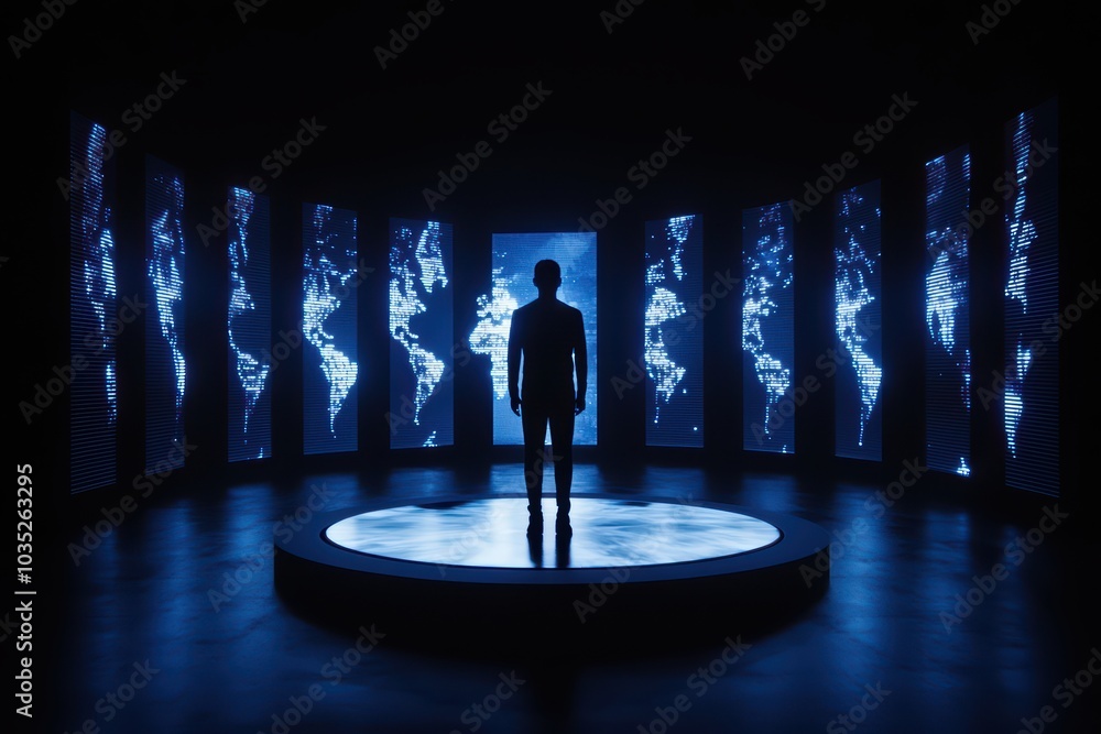Poster silhouette figure in a futuristic environment with digital world maps on screens.