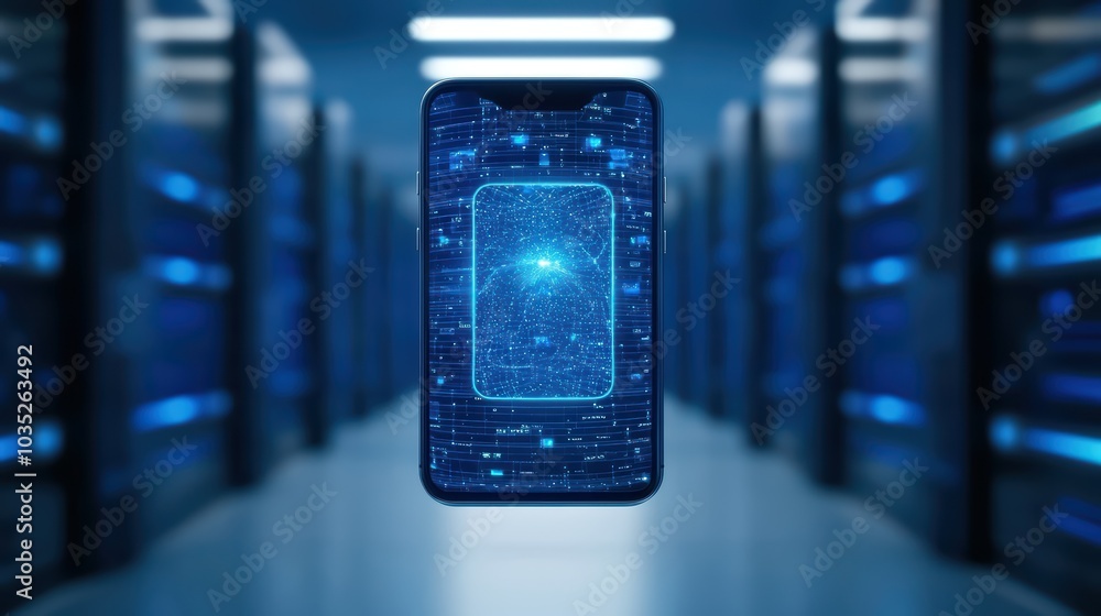 Aufkleber smartphone displaying digital data in a server room, illuminated with blue light, futuristic technol