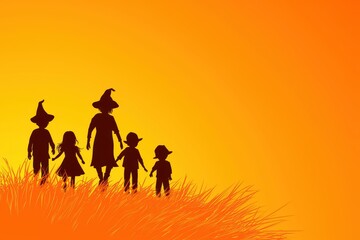 Fototapeta premium Silhouettes of children in Halloween costumes against a vibrant orange sunset background