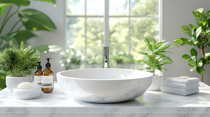 Fototapeta premium Modern Bathroom Sink with Plants and Towels, Minimalist Design
