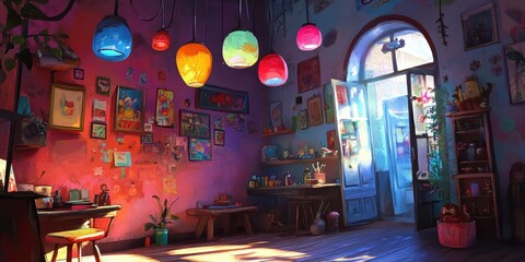 Colorful room with hanging lamps, paintings, and a window.