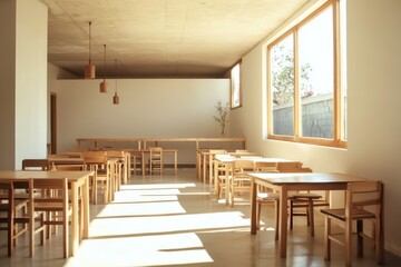 Minimalistic classroom with wooden chairs and natural light