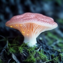 Fototapeta premium Pink mushroom with radiant gills glowing on lush, vibrant moss, forest fungus detail.