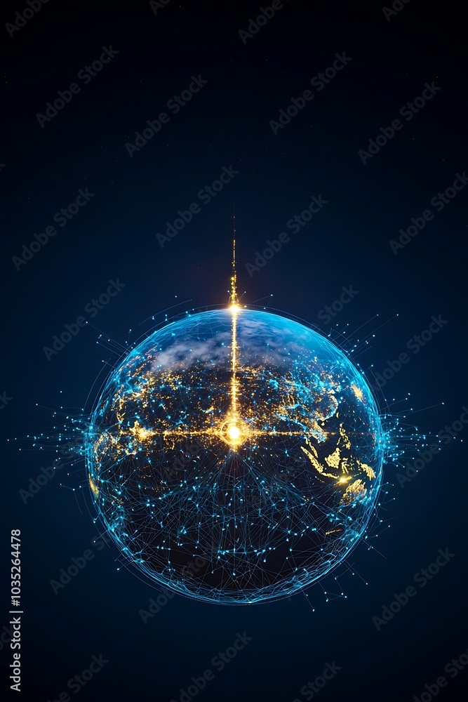 Poster a stunning digital representation of a globe illuminated by network connections and data streams, sy