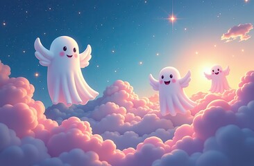 Obraz premium A whimsical scene of cute ghosts floating in a colorful sky above fluffy clouds, perfect for Halloween or fantasy themes