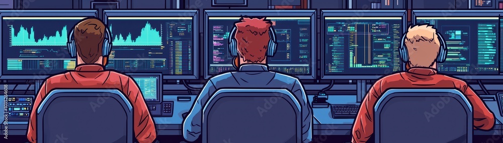 Poster three individuals monitoring data analytics on computer screens in a modern control room, colorful a