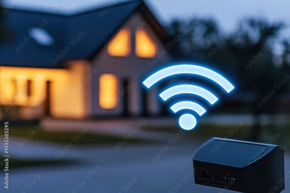 Poster wireless signal symbol with a modern house backdrop during twilight.