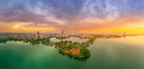 Aerial view of Tran Quoc pagoda, the oldest temple in Hanoi, Vietnam.
