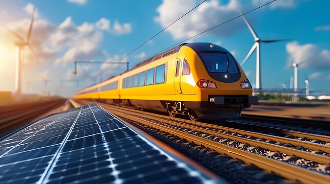 A modern yellow train travels along railway tracks, flanked by solar panels and wind turbines, showcasing sustainable energy solutions in a vibrant landscape.