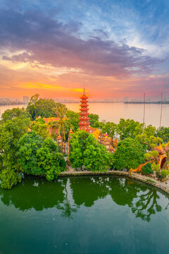 Aerial view of Tran Quoc pagoda, the oldest temple in Hanoi, Vietnam.