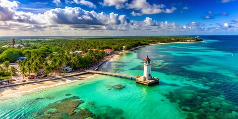 Fototapeta premium Aerial Surreal View of Dominicus Beach at Morning with Crystal Clear Sea and Lighthouse in the Dominican Republic