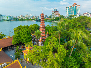 Aerial view of Tran Quoc pagoda, the oldest temple in Hanoi, Vietnam.