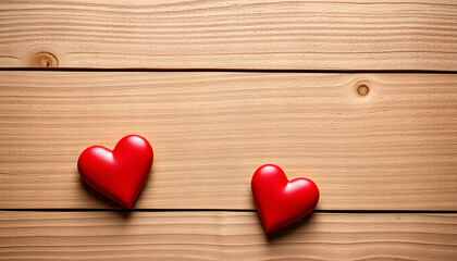 Fototapeta premium Valentines day background with two red hearts on wooden background isolated with white highlights, png