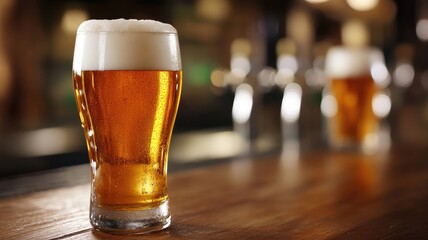 Cold beer with frothy head served in glass on wooden bar counter Blurred background of another