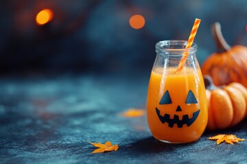 Halloween drink in a glass bottle with scary faces. Carrot or pumpkin juice with straw on a blue background with Halloween decorations. Copy space. with generative ai