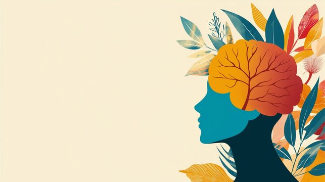 A vibrant illustration showing a silhouette of a woman's profile with a brain made of colorful leaves, symbolizing creativity and growth.