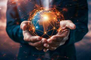 Businessman holding in hand with global connection.