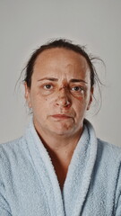 Obraz premium Woman Injured Portrait Front-View Pale Blue Serious Expression
