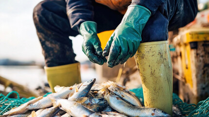 Fisherman wearing green gloves is taking fish out of the net