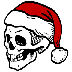 Skull Santa Claus Hat Cartoon Illustration Vector Art Drawing