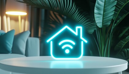A luminous house icon with a Wi-Fi symbol resting on a wooden coffee table, surrounded by a modern living room with cozy couches and floor-to-ceiling windows.