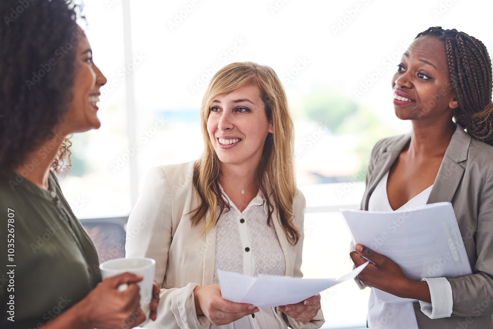 Sticker Paperwork, planning and happy group of business women in meeting for press release in creative startup. Team, manager and document for brainstorming, solution and brand design for public relations