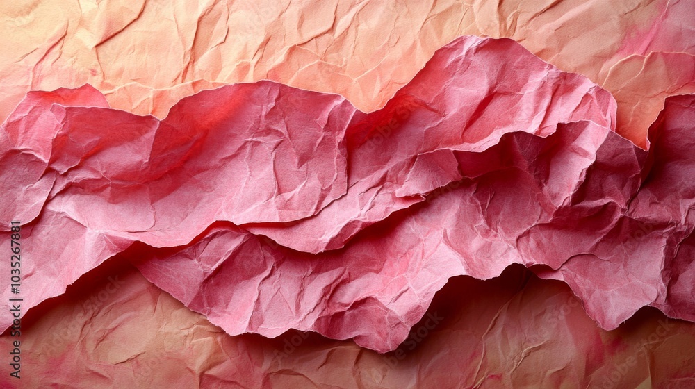 Poster Layers of crumpled red and pink paper create an engaging texture. The vibrant colors blend together against a softly faded backdrop, enhancing the visual depth and interest.