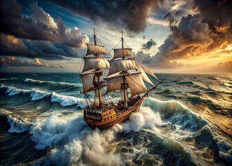 Fototapeta premium Aerial View of a Vintage Clipper Ship Battling Stormy Waves in the Ocean