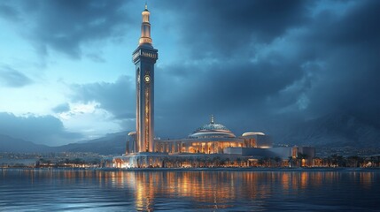 Obraz premium A majestic tower beside a serene body of water under a dramatic sky.