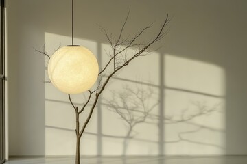 Modern pendant lamp casting soft light and shadows against a textured wall with a small vase and bare branch in a minimalist interior symbolizing simplicity and calm