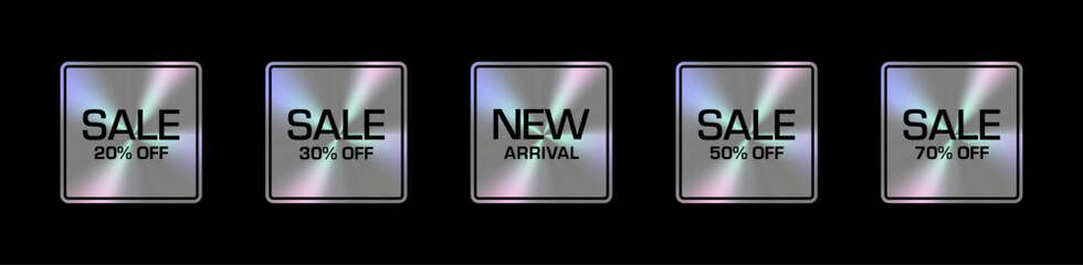 A set of metallic holographic stickers displays promotional messages: NEW ARRIVAL, SALE 20%, 30%, 50%, and 70% OFF, featuring vibrant reflections and diverse shapes.