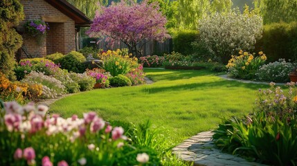 Fototapeta premium Beautiful spring garden. The green lawn emphasizes the blooming flowers in the garden. A diverse spectrum of colorful flowers