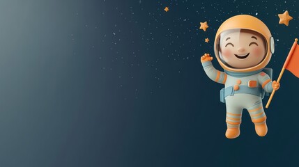 Smiling Astronaut Holding a Flag in Space