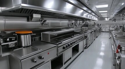 Professional Kitchen With Stainless Steel Equipment. Interior Of Empty Restaurant Kitchen.