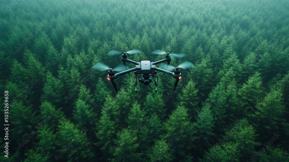 Poster a drone hovers above a lush green forest, surrounded by tall trees. the early morning light filters 