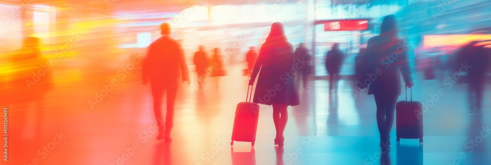 Poster passengers rush through a busy airport terminal, carrying luggage, creating a dynamic scene with blu