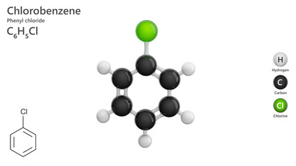 Molecule of Chlorobenzene (C6H5Cl), is a colorless, flammable liquid. It is used as an organic solvent in the production of dyes, pesticides, and pharmaceuticals. White background. 3d illustration