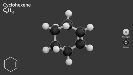 Molecule of Cyclohexene (C6H10) is a colorless, flammable liquid alkene. It is used in the production of polyethylene and other polymers through polymerization processes. Gray back. 3d illustration
