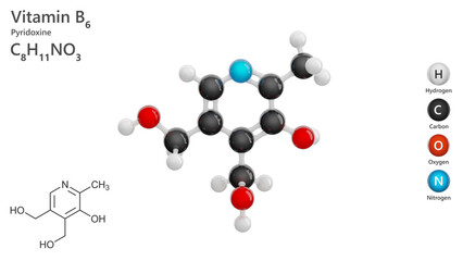 Pyridoxine. A detailed model of molecule. Molecular formula: C8H11NO3. Chemical model: Ball and Stick. The form of vitamin B6. White background. 3d illustration